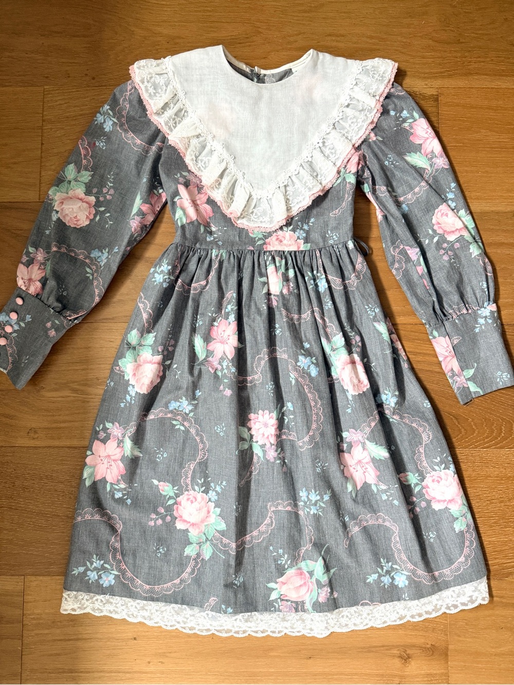 Peaches n Cream VTG 80s Girls Gray Floral Lace Bib Collar Prairie Dress Size 12